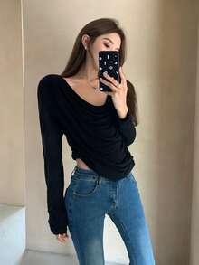 Solid Drape Front Tee - Black - View 3