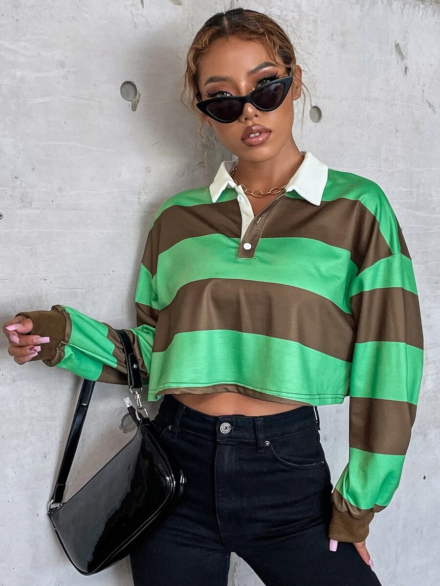 SHEIN Unity 撞色落肩袖Polo領短款T恤 - 彩色 - 查看 1