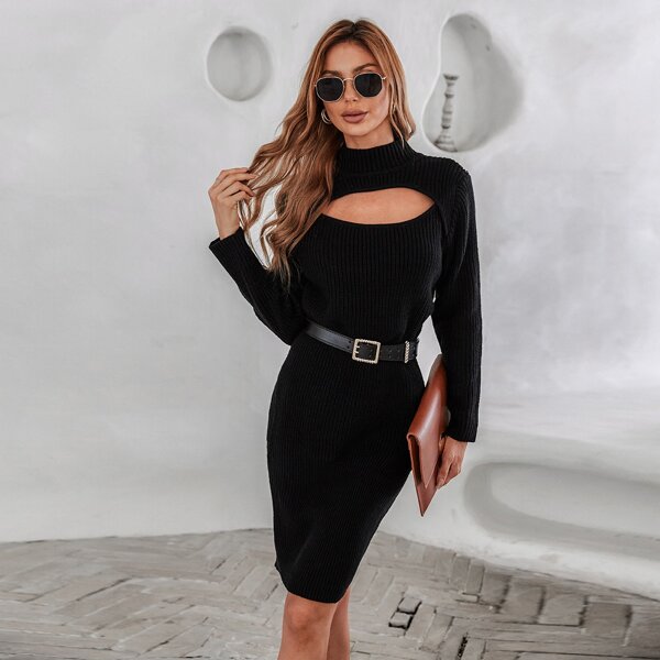 

Cut Out Mock Neck Bodycon Sweater Dress Without Belt, Black