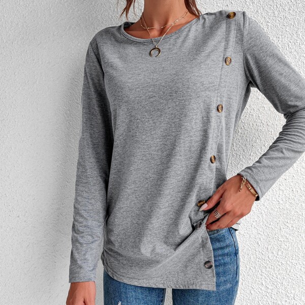 

Oblique Button Asymmetrical Hem Tee, Grey