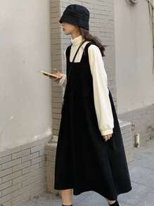 Vestido de tiras de dos lados con botón con diseño de solapa unicolor - Negro - Ver 1