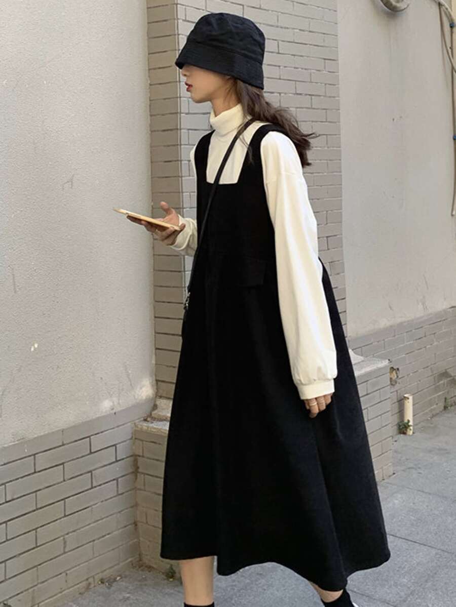 Vestido de tiras de dos lados con botón con diseño de solapa unicolor - Negro - Ver 1