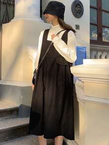 Vestido de tiras de dos lados con botón con diseño de solapa unicolor - Negro - Ver 3