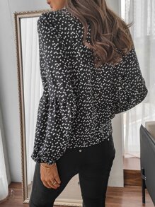 SHEIN LUNE Confetti Heart Print Knot Front Shirt - Black and White - View 2