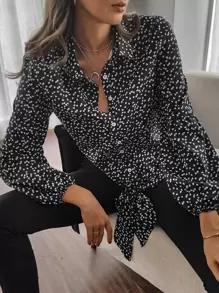SHEIN LUNE Confetti Heart Print Knot Front Shirt - Black and White - View 3