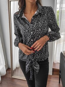 SHEIN LUNE Confetti Heart Print Knot Front Shirt - Black and White - View 5