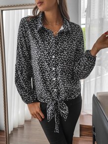 SHEIN LUNE Confetti Heart Print Knot Front Shirt - Black and White - View 6