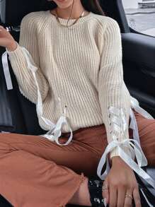 SHEIN Unity Raglan Sleeve Lace Up Side Jumper - Beige - View 1