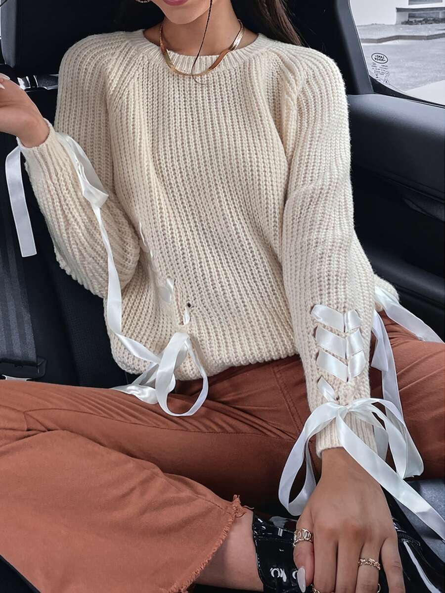 SHEIN Unity Raglan Sleeve Lace Up Side Jumper - Beige - View 1