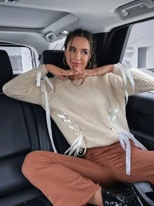 SHEIN Unity Raglan Sleeve Lace Up Side Jumper - Beige - View 4