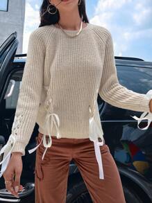 SHEIN Unity Raglan Sleeve Lace Up Side Jumper - Beige - View 6