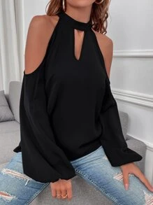 SHEIN LUNE Cold Shoulder Bishop Sleeve Blouse - Black - View 1