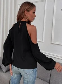 SHEIN LUNE Cold Shoulder Bishop Sleeve Blouse - Black - View 2