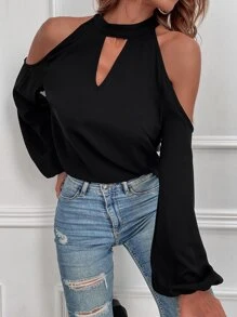 SHEIN LUNE Cold Shoulder Bishop Sleeve Blouse - Black - View 4