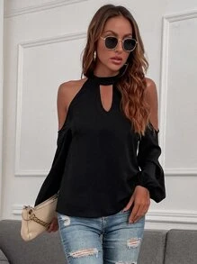 SHEIN LUNE Cold Shoulder Bishop Sleeve Blouse - Black - View 5