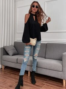 SHEIN LUNE Cold Shoulder Bishop Sleeve Blouse - Black - View 6