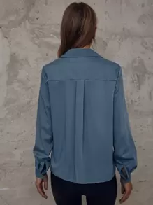 Chiquease Camisa con bolsillo con solapa y botones al frente, Tops de manga larga - Agua verde azul - Ver 2