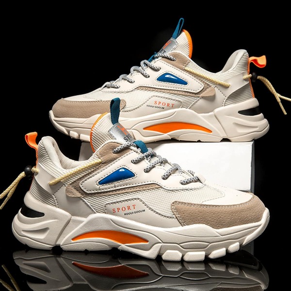 

Men Colorblock Breathable Lace-up Front Sneakers, Beige
