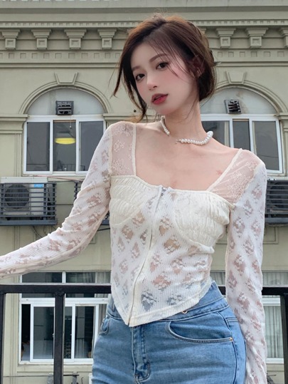 網紗拼接胸部褶皺拉鏈開襟上衣