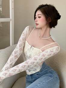 網紗拼接胸部褶皺拉鏈開襟上衣 - 米色 - 查看 2