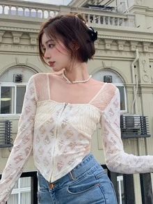 網紗拼接胸部褶皺拉鏈開襟上衣 - 米色 - 查看 3