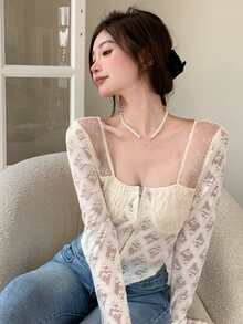 網紗拼接胸部褶皺拉鏈開襟上衣 - 米色 - 查看 4