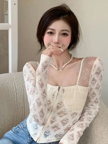 網紗拼接胸部褶皺拉鏈開襟上衣 - 米色 - 查看 5