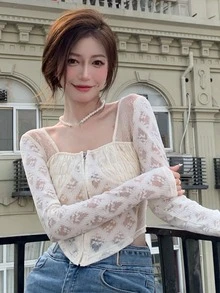 網紗拼接胸部褶皺拉鏈開襟上衣 - 米色 - 查看 6