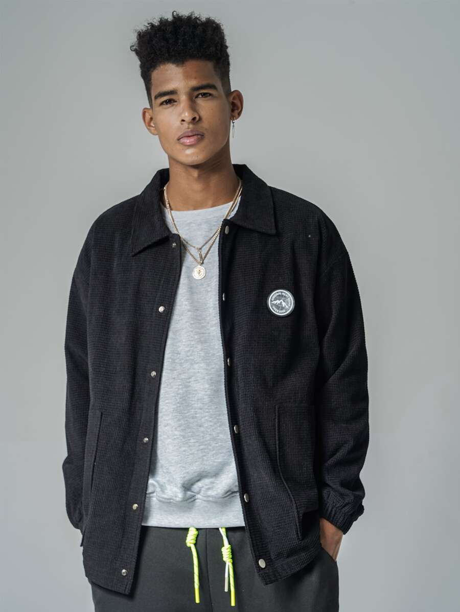 Manfinity Men Letter Patched Slant Pocket Jacket - Black - View 1