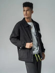 Manfinity Men Letter Patched Slant Pocket Jacket - Black - View 4