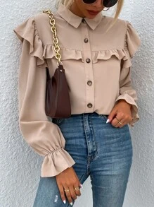 SHEIN VCAY 荷葉邊前排扣襯衫 - 杏色 - 查看 1