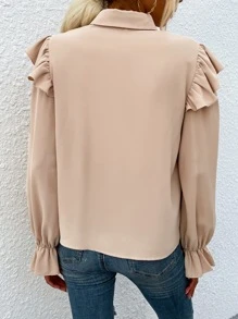 SHEIN VCAY 荷葉邊前排扣襯衫 - 杏色 - 查看 2