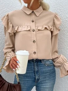 SHEIN VCAY 荷葉邊前排扣襯衫 - 杏色 - 查看 3