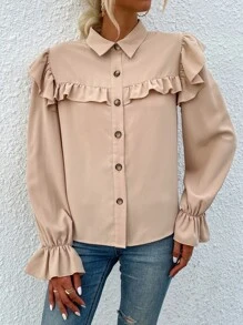 SHEIN VCAY 荷葉邊前排扣襯衫 - 杏色 - 查看 4