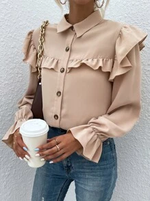 SHEIN VCAY 荷葉邊前排扣襯衫 - 杏色 - 查看 5