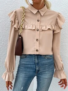 SHEIN VCAY 荷葉邊前排扣襯衫 - 杏色 - 查看 6