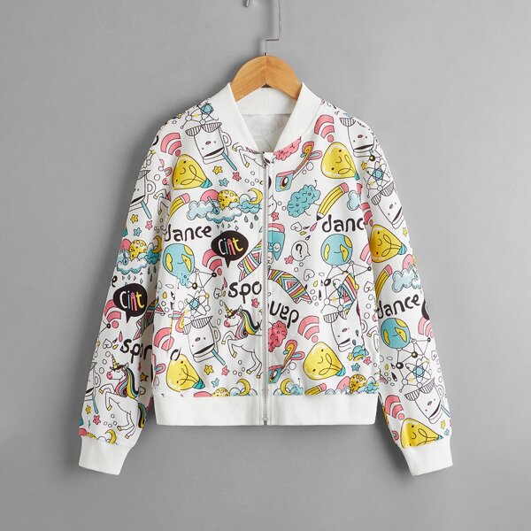

Girls Graffiti Print Zip Up Bomber Jacket, Multicolor