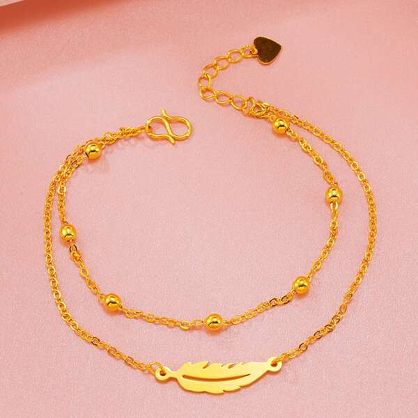 

Feather Decor Layered Anklet, Gold