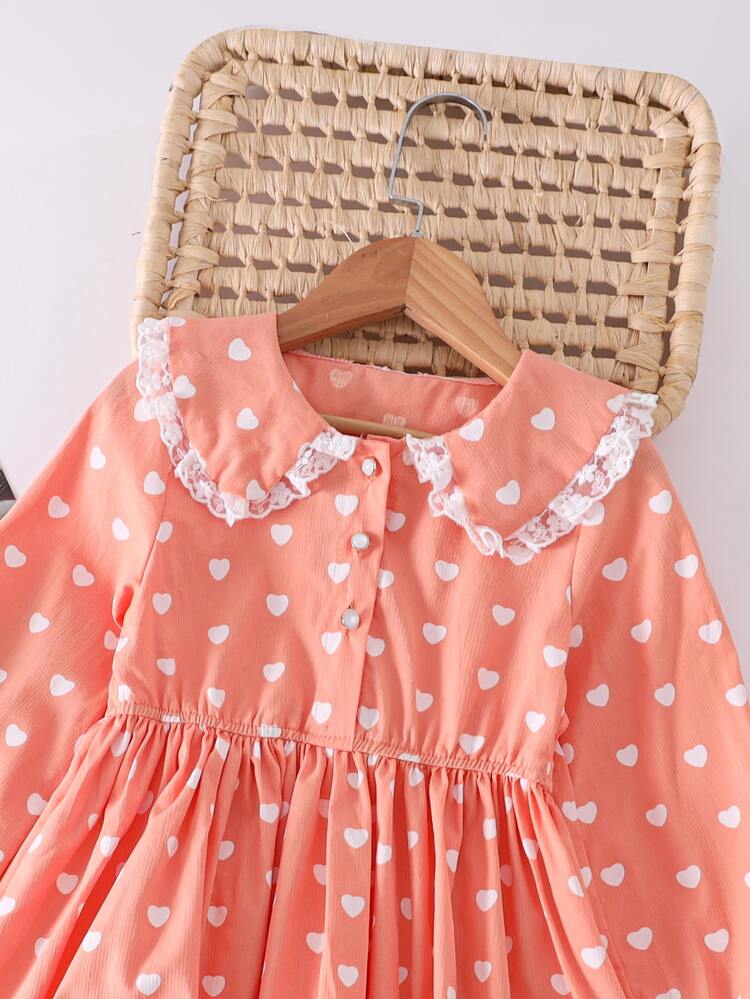 Đầm Gái Tương phản ren Tim Tất cả trên in Dễ thương - Màu Hồng  San hô - Xem 3