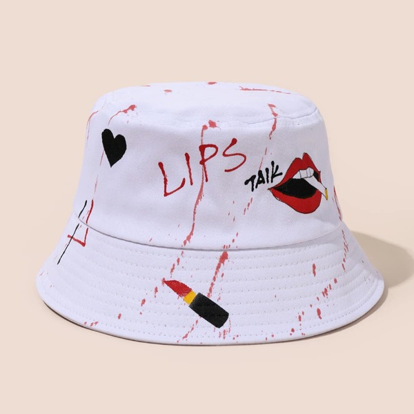 

Lipstick & Heart Print Bucket Hat, White