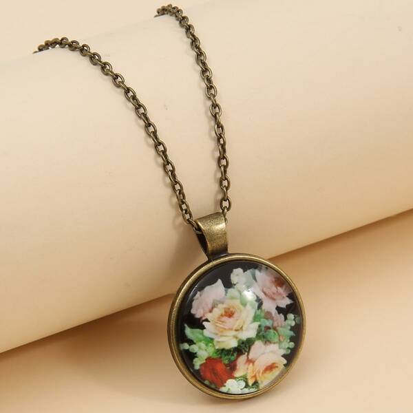 

Flower Print Round Pendant Necklace, Multicolor