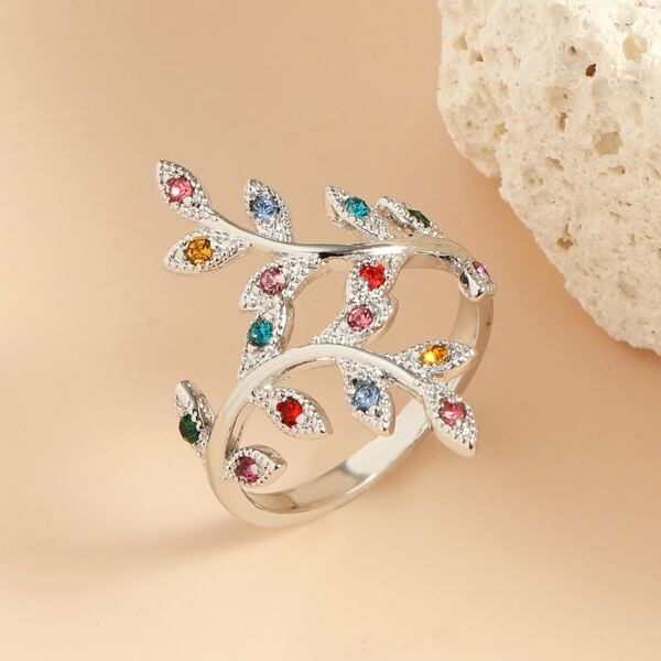 

Rhinestone Leaf Decor Ring, Silver