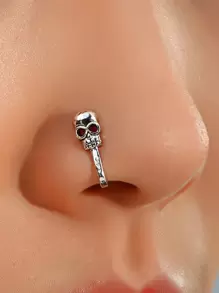 ROMWE Grunge Punk 骷髏裝飾鼻環 - 復古銀色 - 查看 1