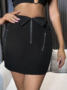 SHEIN Allurite Váy nữ Dây kéo màu trơn Hấp dẫn - màu đen - Xem 1