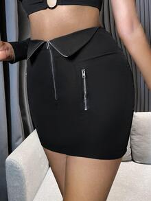 SHEIN Allurite Váy nữ Dây kéo màu trơn Hấp dẫn - màu đen - Xem 4