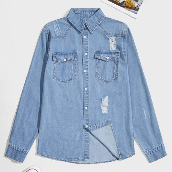 

Men Ripped Denim Shirt, Light wash