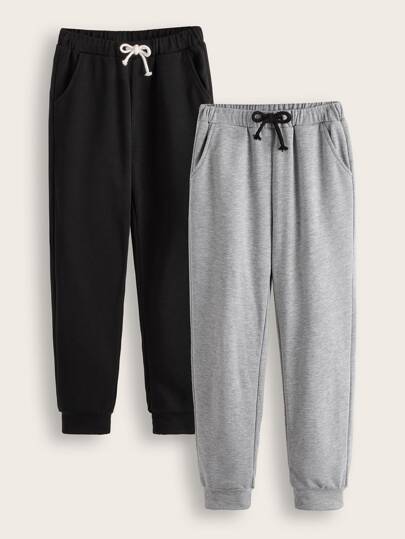 2pcs Tween Boy Casual Fitted Knit Drawstring Waist Pocket Sweatpants, School, Campus, College