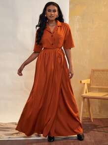 SHEIN Unity Patched Pocket Wrap Knot Side Shirt Dress - Burnt Orange - View 1