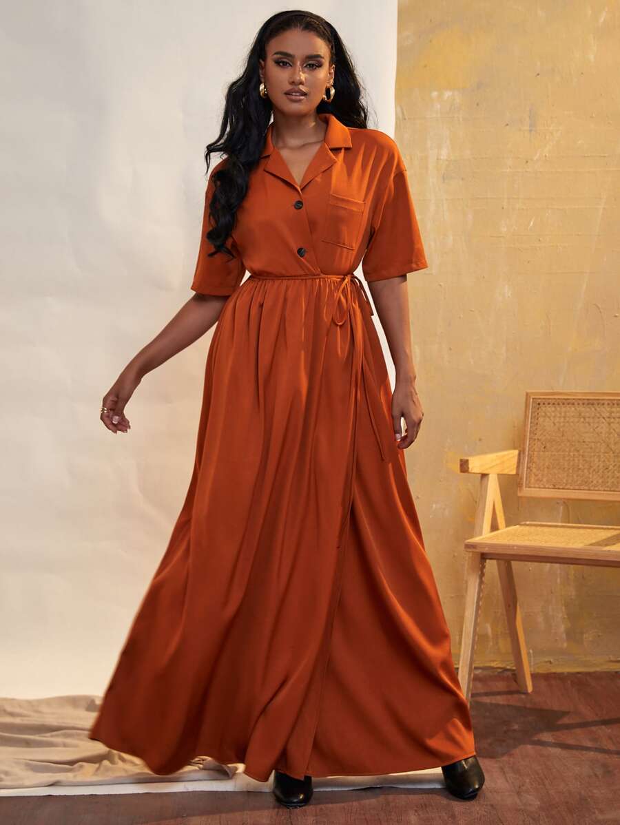 SHEIN Unity Patched Pocket Wrap Knot Side Shirt Dress - Burnt Orange - View 1