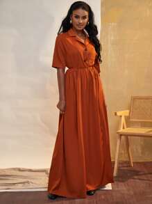 SHEIN Unity Patched Pocket Wrap Knot Side Shirt Dress - Burnt Orange - View 4